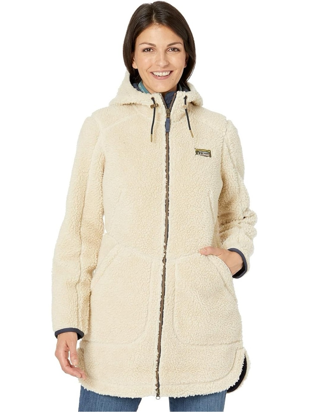 L.L.Bean Mountain Pile Fleece Coat Women L Natural Sherpa Hooded Long Jacket